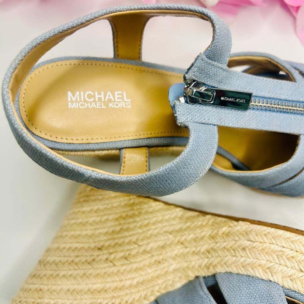 Michael Kors Berkley Espadrille Wedge Sandals 8.5M Blue Linen Zip Platform - Picture 17 of 17